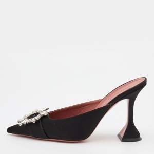Amina Muaddi Black Satin Begum Embellished Mules Size 40