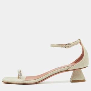 Amina Muaddi Beige Canvas, PVC and Crystal Embellished Suede Oya Ankle Strap Sandals Size 37