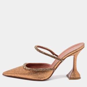 Amina Muaddi Rust Orange Glitter Crystal Embellished Gilda Mules Size 38.5