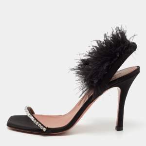 Pre Owned Amina Muaddi Black Crystal Embellished Satin and Feather Adwoa Slingback Sandals Size 37.5