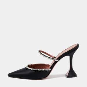 Amina Muaddi Black Satin Gilda Mules Size 41