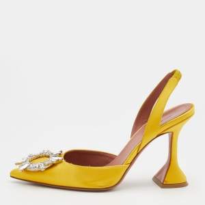Amina Muaddi Yellow Satin Begum Crystal Embellished Slingback Pumps Size 36