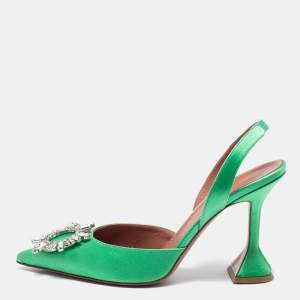 Amina Muaddi Green Satin Begum Slingback Pumps Size 39.5