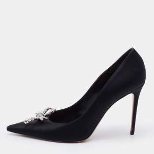 Pre Owned Amina Muaddi Black Satin Crystal Embellished Rosie Pumps Size 40