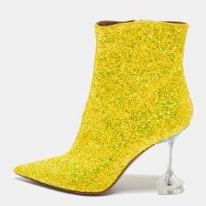 Pre Owned Amina Muaddi Yellow Glitter Giorgia Ankle Boots Size 39