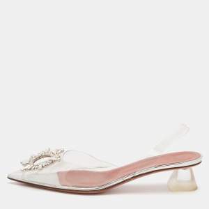 Pre Owned Amina Muaddi Transparent PVC Begum Crystal Embellished Slingback Pumps Size 37.5