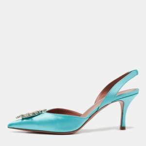 Amina Muaddi Light Blue Satin Begum Slingback Pumps Size 39