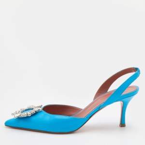 Amina Muaddi Blue Leather Begum Slingback Pumps Size 38.5 