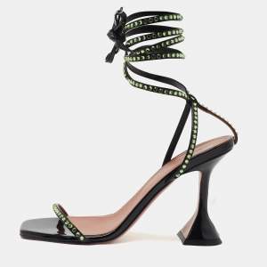 Amina Muaddi Black/Green Crystal Embellished Patent Leather Vita Ankle Tie Sandals Size 36