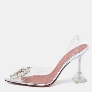 Pre Owned Amina Muaddi Transparent PVC Begum Crystal Embellished Slingback Pumps Size 37.5