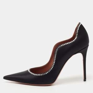 Amina Muaddi Black Satin Romy Pumps Size 38.5