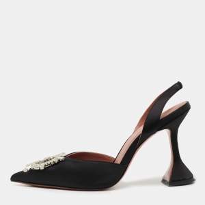 Amina Muaddi Black Satin Begum Crystal Embellished Singback Pumps Size 37