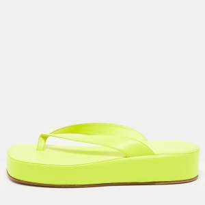 Pre Owned Amina Muaddi Neon Yellow Leather Johana Platform Slides Size 38