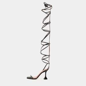 Pre Owned Amina Muaddi x AWGE LSD Black Satin Crystal Embellished Gladiator Sandals Size 40