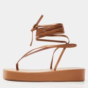 Pre Owned Amina Muaddi Brown Leather Jamie Platform  Ankle Wrap Sandals Size 41