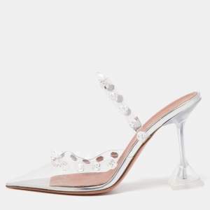 Amina Muaddi Transperent PVC Crystal Embellished Julia Mule Sandals Size 37