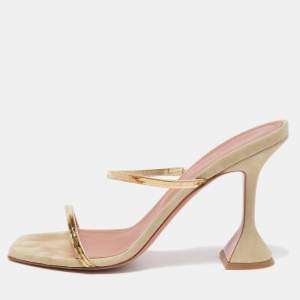 Amina Muaddi Gold/Grey Leather and Suede Gilda Slide Sandals Size 39