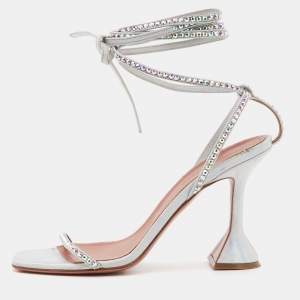 Amina Muaddi Iridescent Silver Leather Vita Wrap Sandals Size 37