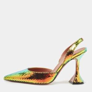 Amina Muaddi Multicolor Textured Foil Leather Holli Slingback Pumps Size 37.5