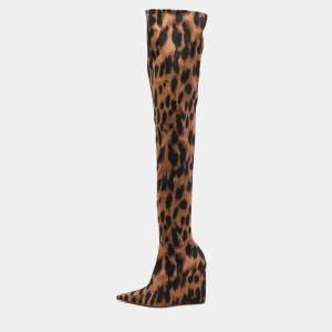 Amina Muaddi Brown/Black Fabric Leopard Print Wedge Over-The-Knee Boots Size 38