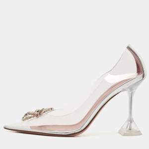 Pre Owned Amina Muaddi Transparent/Silver Leather and PVC Rosie Pumps Size 40.5