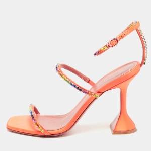 Amina Muaddi Orange Satin and Rainbow Crystal Gilda Ankle Strap Sandals Size 37
