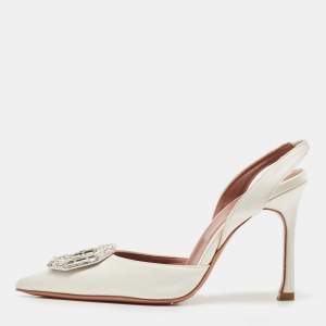 Pre Owned Amina Muaddi White Satin Camelia Sling Back Pumps Size 37