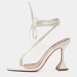 Pre Owned Amina Muaddi White Leather and PVC Zula Ankle Tie Sandals Size 39