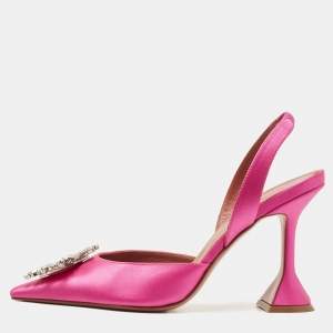 Pre Owned Amina Muaddi Magenta Satin Begum Slingback Pumps Size 38.5