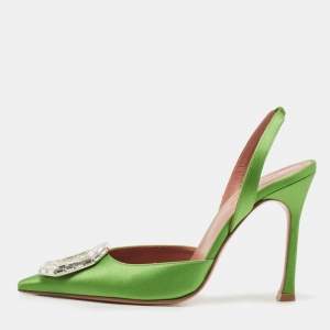 Pre Owned Amina Muaddi Green Satin Camelia Slingback Pumps Size 36.5