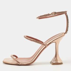 Pre Owned Amina Muaddi Metallic Leather Crystal Embellished Gilda  Sandals Size 38