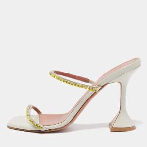 Amina Muaddi Grey Patent Crystal Gilda Sandals Size 38