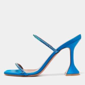 Amina Muaddi Blue Satin Crystal Gilda  Sandals Size 37.5