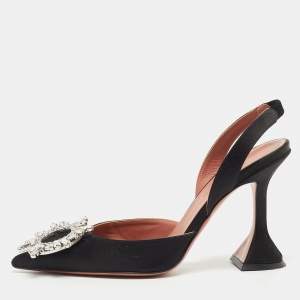 Amina Muaddi Black Satin Begum Slingback Pumps Size 35.5