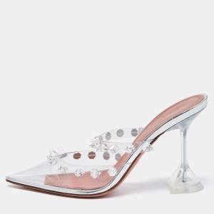 Amina Muaddi Transparent PVC Crystal Embellished Julia Mules Size 37
