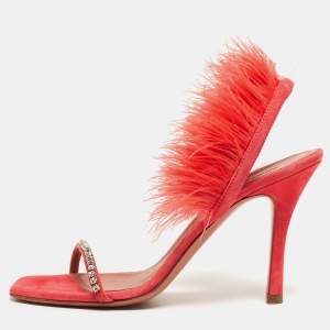 Pre Owned Amina Muaddi Pink Satin and Feather Crystal Embellished Adwoa Slingback Sandals Size 37.5