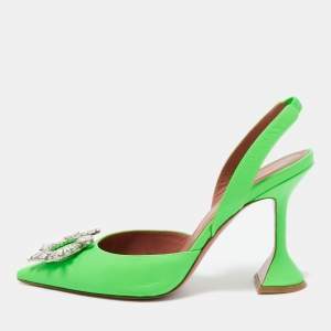 Pre Owned Amina Muaddi Neon Green Leather Begum Crystal Embellished Slingback Sandals Size 38.5