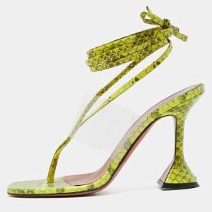 Amina Muaddi Two Tone Embossed Snakeskin and PVC Zula Ankle Tie Sandals Size 37