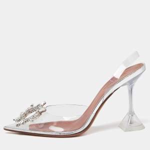 Pre Owned Amina Muaddi Silver/Transparent PVC and Leather Begum Pumps Size 38