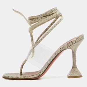 Amina Muaddi Brown/Beige Embossed Snakeskin and PVC Zula Sandals Size 40