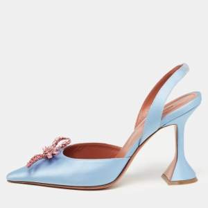 Pre Owned Amina Muaddi Blue Satin Rosie Slingback Pumps Size 37 