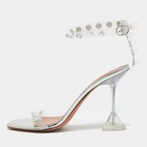 Pre Owned Amina Muaddi Silver PVC and Patent Leather Julia Glass Sandals Size 38