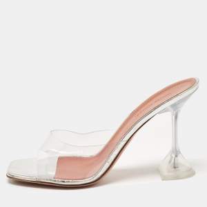 Amina Muaddi Silver PVC and Patent Leather Lupita Glass Sandals Size 38.5