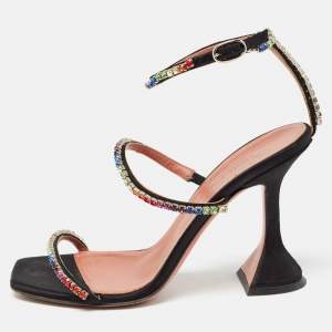 Amina Muaddi Black Satin Gilda Ankle Strap Sandals Size 35