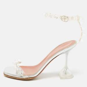 Amina Muaddi Transparent  PVC Julia Crystal Embellished Ankle Strap Sandals Size 35