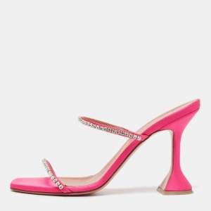 Amina Muaddi Pink Satin Crystal Embellished Gilda Sandals Size 39.5