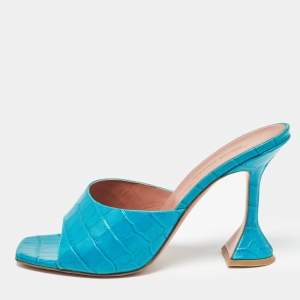Amina Muaddi Teal Blue Croc Embossed Leather Lupita Slide Sandals Size 39.5