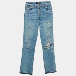 مملوكة مسبقًا بنطلون جينز أميري أزرق ممزق مرصع بأحجار الراين مقاس صغير (سمول) وسط 26 إنش