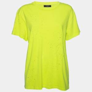 Amiri Neon Green Cotton Distressed Finish Crew Neck Short Sleeve Top S