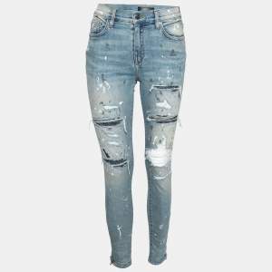 Amiri Blue Distressed Denim Crystal Embellished Inset Detail Skinny Jeans M